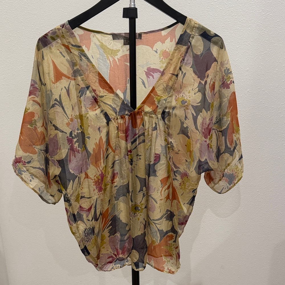 Love21 by Forever 21 Sheer Floral V-Neck Blouse 100% silk